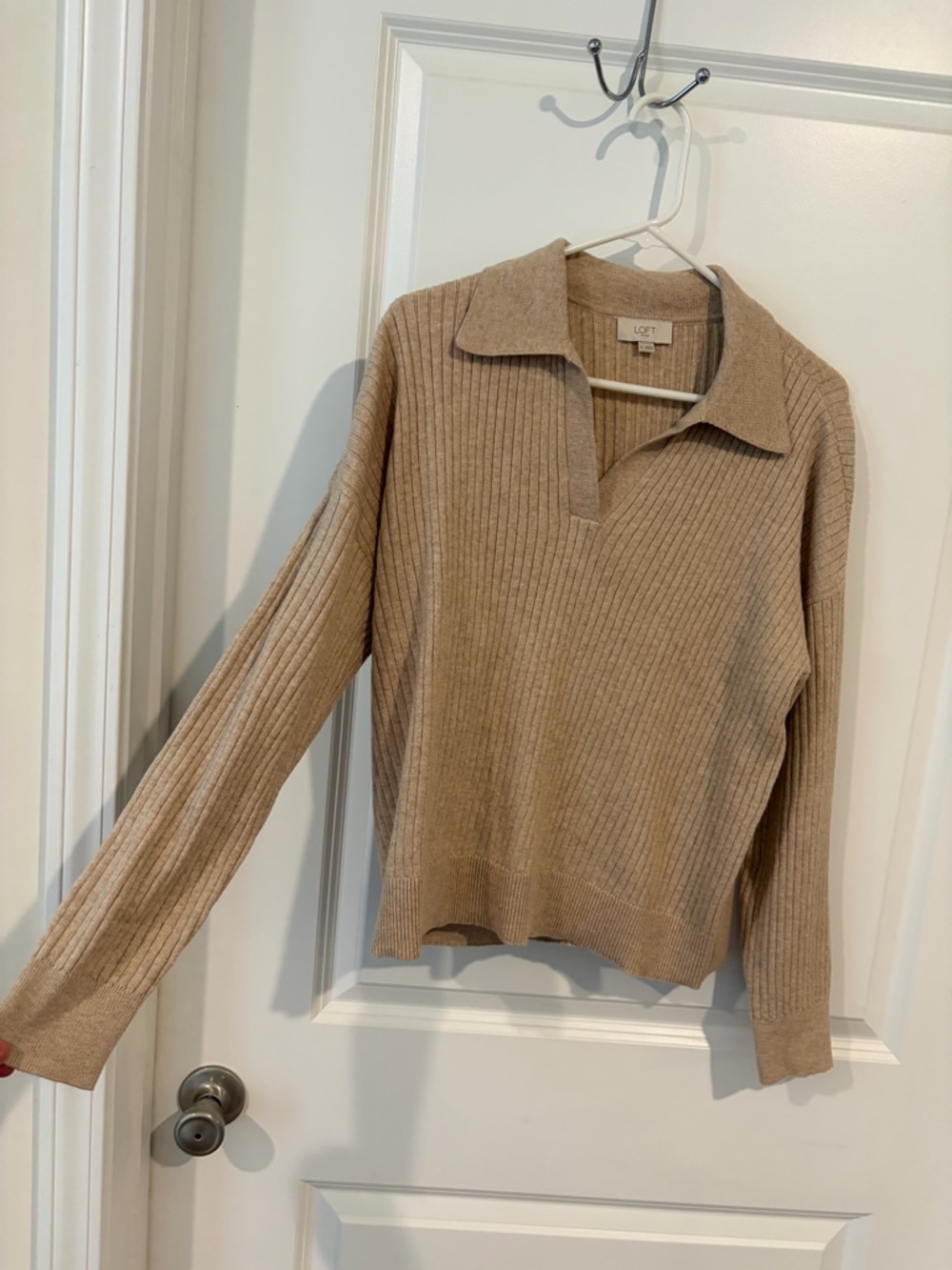 LOFT Outlet Ribbed Polo Sweater in Camel Beige